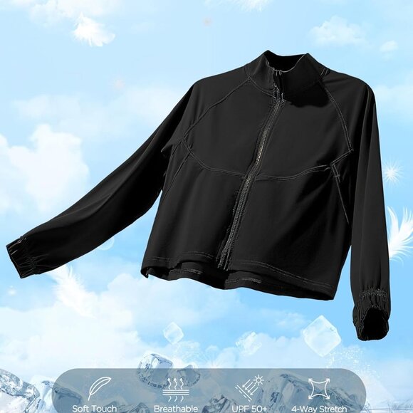 Women's Black Lightweight Cropped Athletic Jacket with UPF 50+ and Full Zip for - Picture 2 of 8